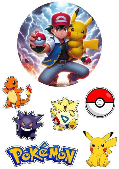 Yenilebilir Yuvarlak Pasta ve Figür Resim Baskısı Şekerli Kağıt Pokemon Temalı 20 ürün görseli 1