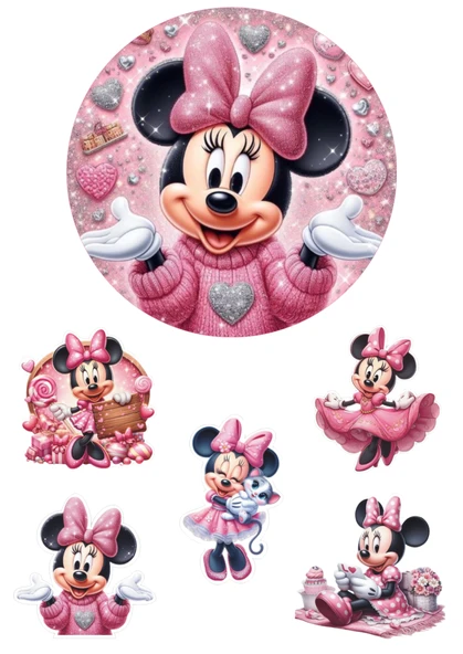 Yenilebilir Yuvarlak Pasta ve Figür Resim Baskısı Şekerli Kağıt Mini Mouse Temalı 12 ürün görseli 1