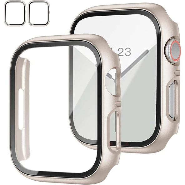 Apple Watch 45MM 7-8-9 SE Seri Uyumlu Starlight 360 Derece Koruma ve Temperli Cam Ekran Koruyucu  Starlight ürün görseli 1
