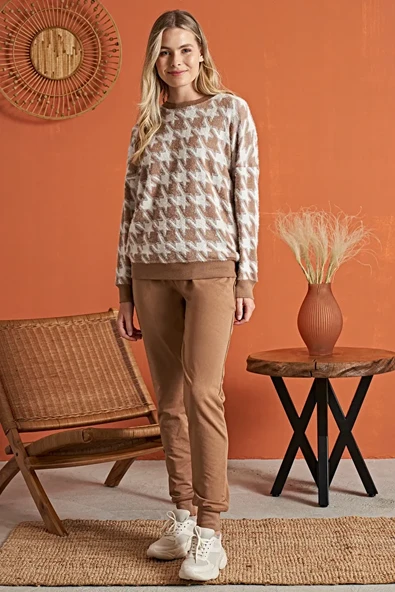 Kahve Krem Pijama Takımı M Beden - Resim 2