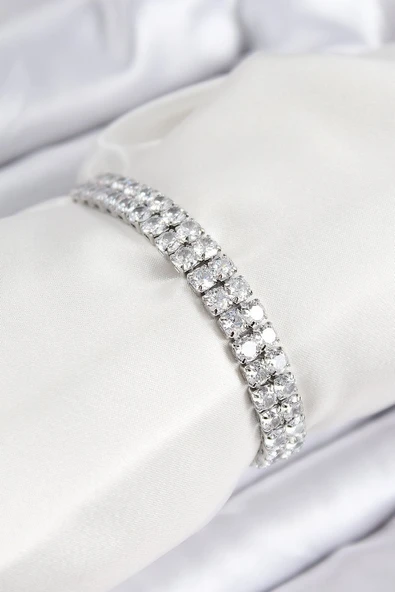 Pirinç Zirkon Taşlı Çift Sıra Kare Model Gümüş Renk Asansörlü Kadın Bileklik Vice-5353 EB-53-vice/(1395) 2365 ürün görseli 1
