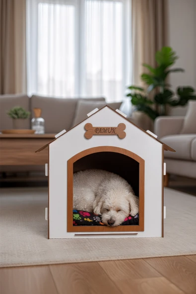 Ahşap Özel İsim Baskılı Dekoratif Köpek Evi-Kulübesi, Küçük Irk Köpekler İçin Kulübe, Köpek Kulübesi Beyaz-Kahverengi ürün görseli 1