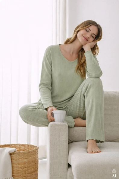 Kadın Yumuşak Dokulu Fitilli Süs Dikişli Soft Touch Pijama Takımı ürün görseli 1