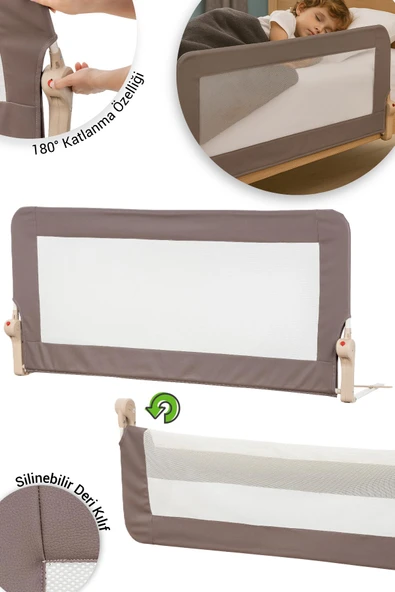 Wellgro Premium 120x65 cm Deri Kılıflı Yatak Bariyeri, Katlanır Yatak Korkuluğu, Kahve ürün görseli 1