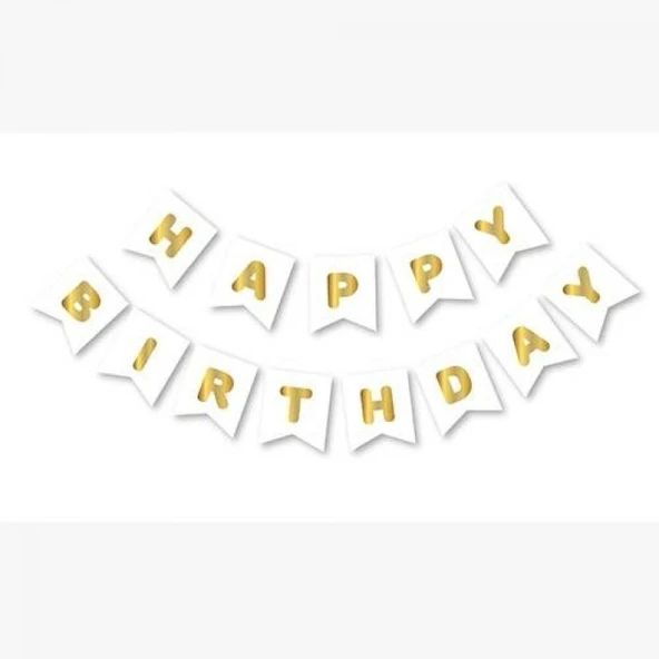Happy Bırthday Yazı Beyaz/ Gold Banner ürün görseli 1