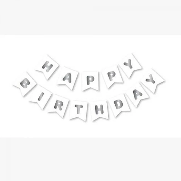 Happy Bırthday Yazı Beyaz/ Gümüş Banner ürün görseli 1