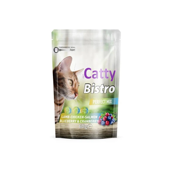 Catty Bistro Mükemmel Karışım Kuzulu Tavuklu Somonlu Yaban Mersinli ve Kızılcıklı Kedi Ödül Maması 60 Gr ürün görseli 1