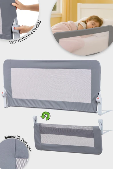 Wellgro Premium 120x65 cm Deri Kılıflı Yatak Bariyeri, Katlanır Yatak Korkuluğu, Gri ürün görseli 1