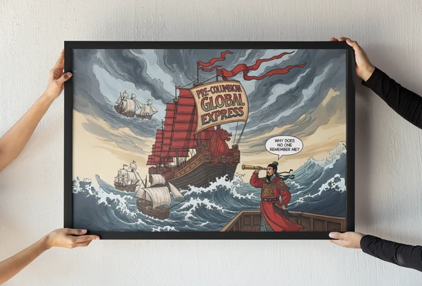 Çin’in Dev Keşif Gemisi Çerçeveli Tablo  Tarihi Mizah ve Komik Sanat Duvar Dekoru  30x42 cm ürün görseli 1
