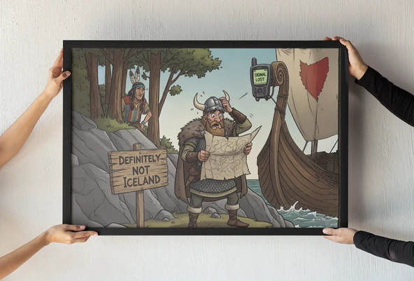 Viking Çerçeveli Tablo  Tarihi Mizah ve Viking Keşfi  Çizgi Roman Tarzı Duvar Dekoru  30x42 cm ürün görseli 1