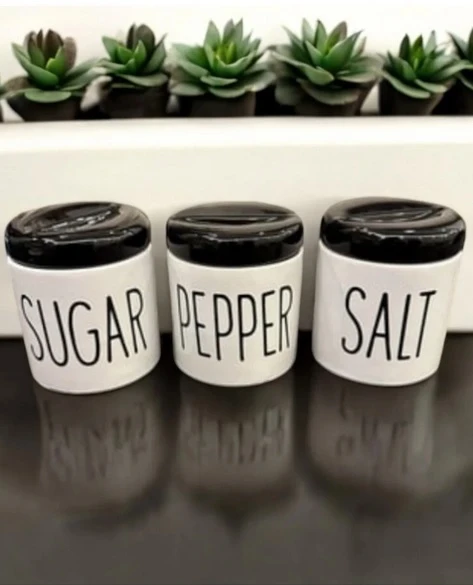 3 Lü Kavonoz Baharatlık Küçük Boy Beyaz / Siyah / Sugar /Pepper / Salt / Kavonoz Seti ürün görseli 1