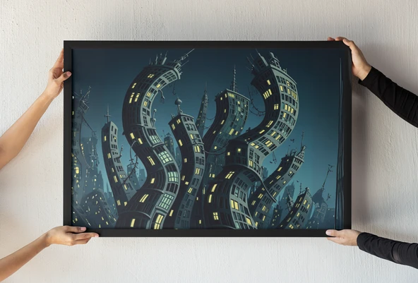 Surreal City Çerçeveli Tablo  Bükülmüş Binalar  Distopik Şehir  Modern ve Gotik Mimari 30x42 cm ürün görseli 1