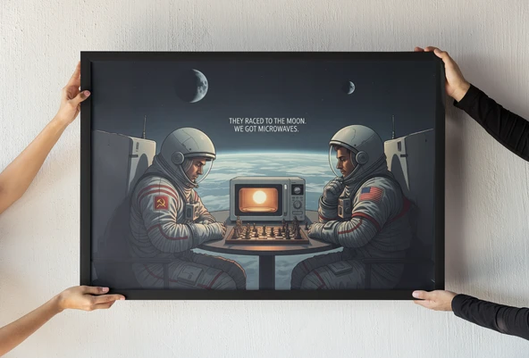 Space Race Çerçeveli Tablo  Soğuk Savaş Mizah Baskı  Bilim Kurgu Dekor  30x42 cm ürün görseli 1