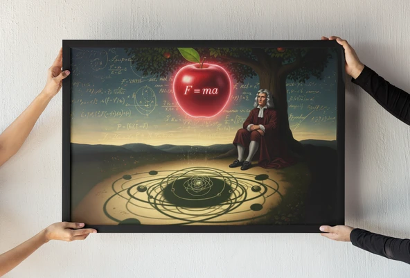 Newton Elma Çerçeveli Tablo  Yerçekimi Yasası Sanat Tasarımı  Bilim Tarihi Dekor 30x42 cm ürün görseli 1
