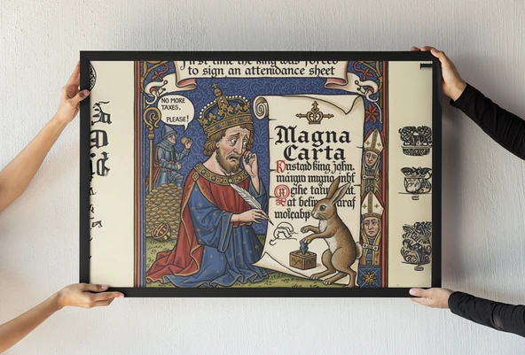 Magna Carta Çerçeveli Tablo  Kral John ve Orta Çağ Mizahı  Minyatür El Yazması Tasarımı 30x42 cm ürün görseli 1