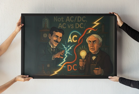 AC vs DC Çerçeveli Tablo  Tesla & Edison Elektrik İcadı  Bilim ve Mühendislik Dekoru  30x42 cm ürün görseli 1
