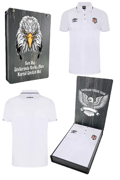 Beşiktaş Orijinal Lisanslı Polo Yaka Beyaz T-Shirt Bjk Kartal Baskılı Hediyelik Ahşap Kutulu ürün görseli 1