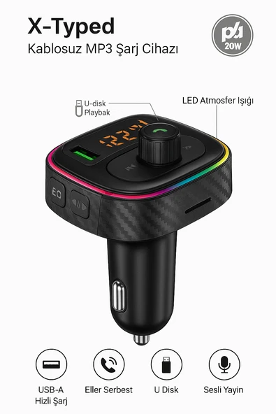 Kablosuz MP3 Çalar ve Hızlı Şarj Özellikli Bluetooth Araç Kiti  XTyped 20W ürün görseli 1