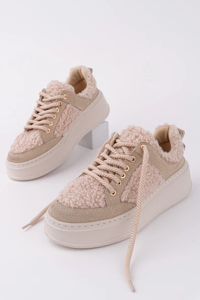 Muggo FLEECY Kalın Taban Bağcıklı Peluş Detaylı Kadın Kışlık Sneaker Spor Ayakkabı ürün görseli 1