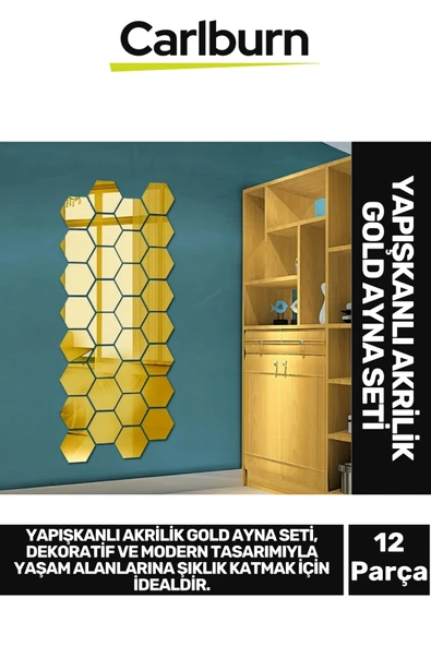 Özel Üretim Dekoratif Modern Altıgen Ev Ofis Duvar Dolap Yapışkanlı Akrilik Gold Ayna Seti 12 Adet ürün görseli 1