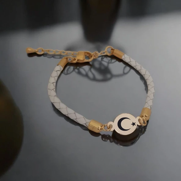 Sembole Özel 14 Ayar Altın Plakalı Oval Motifli Doğal Beyaz Derili Hediye Bileklik-314 ürün görseli 1