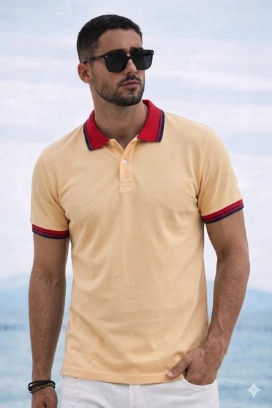 Polo Yaka T-shirt -Sarı/Kırmızı Yaka ürün görseli 1