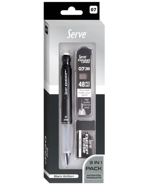 Serve Deep 3lü Okul Seti Mekanik Kurşun Kalem Silgi Yedek Uç 0.7 mm Siyah ürün görseli 1