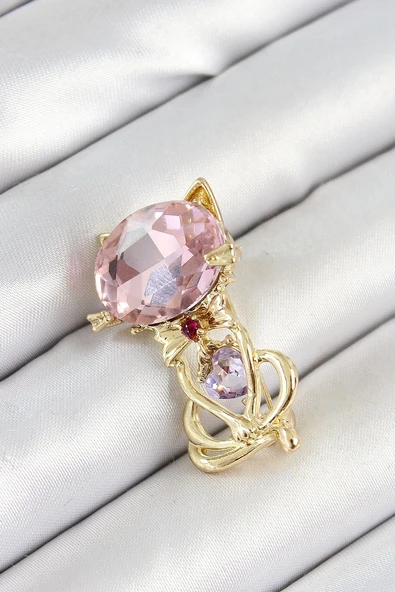 Pembe Zirkon Taşlı Kap Detaylı Kedi Figürlü Gold Renk Kadın Broş EB-53-vice/(1395) 2507 ürün görseli 1