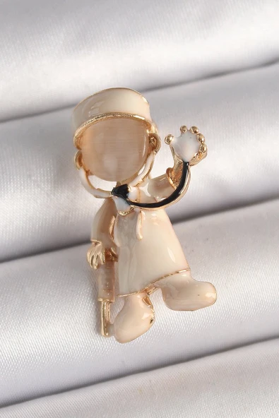 Pirinç Gold Renk Beyaz Mineli Doktor Model Kadın Broş EB-53-vice/(1395) 2463 ürün görseli 1