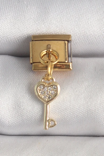 Gold Renk 316 L Çelik  Sallantı Zirkon Taşlı Kalpli Anahtar Model Nomination Charm EB-53-vice/(1395) 2484 ürün görseli 1