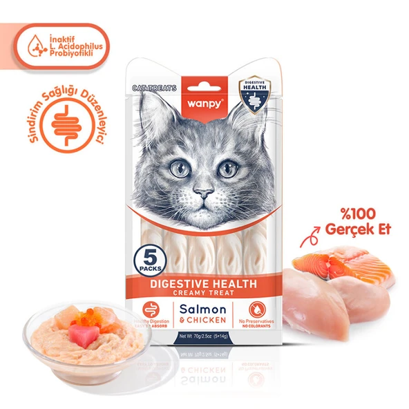 Wanpy Digestive Health Somon Balıklı Tavuklu Krema Kedi Ödülü 5x14 Gr ürün görseli 1