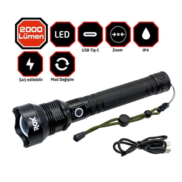 Rox 0212 Şarjlı Led El Feneri 2000 Lümen ürün görseli 1
