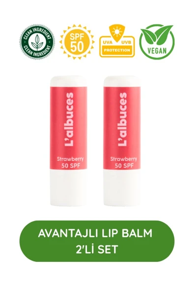 50 SPF Strawberry Lip Balm 2’li Set – Yüksek Güneş Koruması & Nem ürün görseli 1