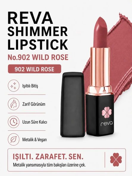 Shimmer Lipstick Wild Rose No:902 Işıltılı Parlak Vegan Temiz Ruj ürün görseli 1