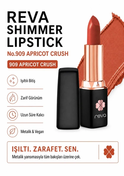Shimmer Lipstick Apricot Crush No:909 Işıltılı Parlak Vegan Temiz Ruj ürün görseli 1