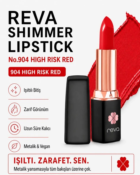 Shimmer Lipstick High Risk Red No:904 Işıltılı Parlak Vegan Temiz Ruj ürün görseli 1