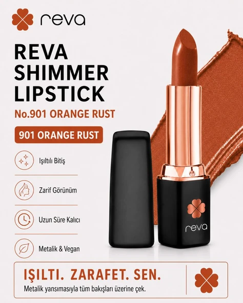 Shimmer Lipstick Orange Rust No:901 Işıltılı Parlak Vegan Temiz Ruj ürün görseli 1