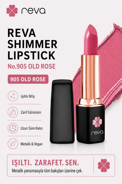 Shimmer Lipstick Old Rose No:905 Işıltılı Parlak Vegan Temiz Ruj ürün görseli 1