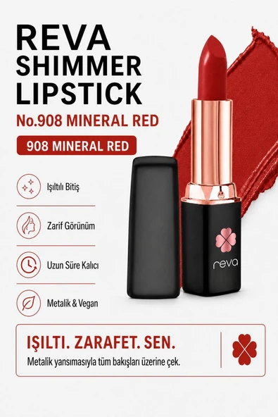 Shimmer Lipstick Mineral Red No:908 Işıltılı Parlak Vegan Temiz Ruj ürün görseli 1