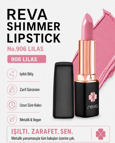 Shimmer Lipstick Lilas No:906 Işıltılı Parlak Vegan Temiz Ruj ürün görseli 1
