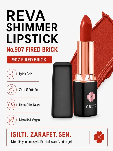 Shimmer Lipstick Fired Brich No:907 Işıltılı Parlak Vegan Temiz Ruj ürün görseli 1