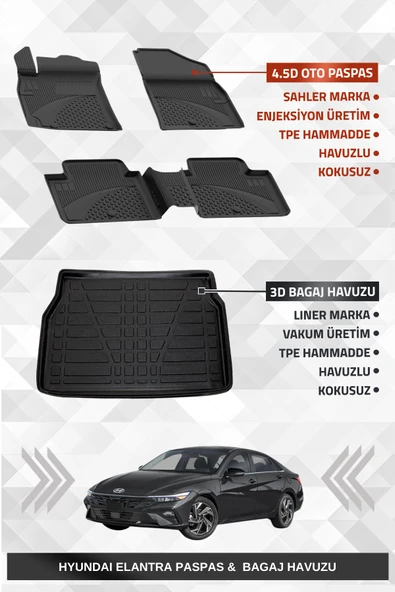 Sahler Hyundai Elantra 2021+ Uyumlu 4.5D Premium Havuzlu Oto Paspas ve Liner Marka 3D Bagaj Havuzu ürün görseli 1