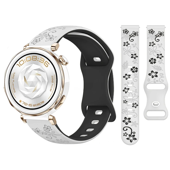 Huawei Watch GT5 Pro 42mm Uyumlu FloraFlex Çiçek Desenli Yumuşak Soft Silikon Kordon  Beyaz ürün görseli 1