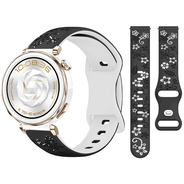 Huawei Watch GT5 Pro 42mm Uyumlu FloraFlex Çiçek Desenli Yumuşak Soft Silikon Kordon  Siyah Beyaz ürün görseli 1