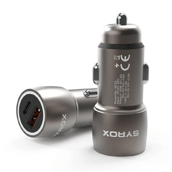 Syrox SC32B 3.1A 30W PD Q.C. 3.0 1xType-C + 1xUSB-A Çıkışlı Hızlı Araç Şarj Cihazı - Metalik Füme ürün görseli 1