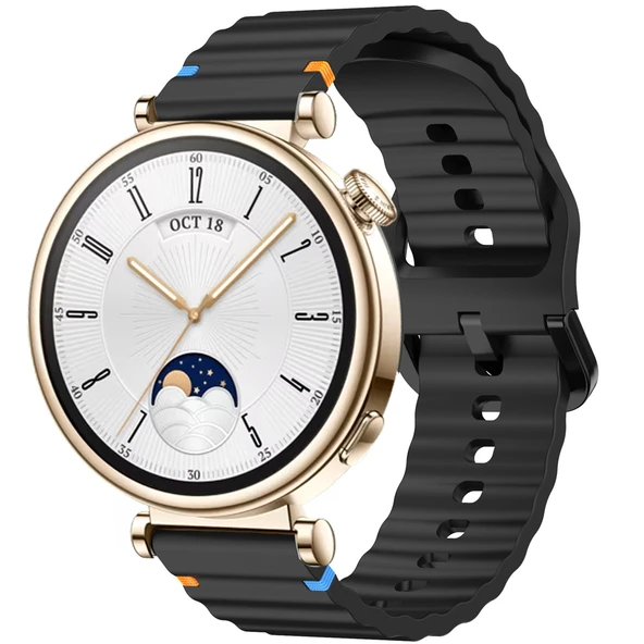 Huawei Watch GT4 41mm İle Uyumlu Dalga Desenli Tokalı Yumusaş Soft Silikon Kordon  Siyah ürün görseli 1