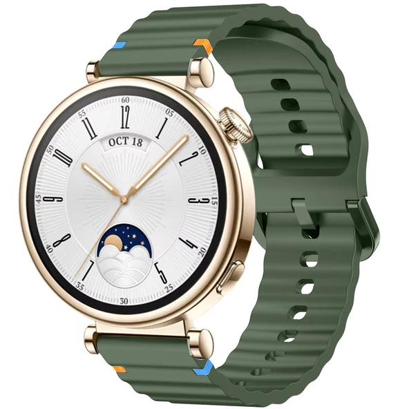 Huawei Watch GT4 41mm İle Uyumlu Dalga Desenli Tokalı Yumusaş Soft Silikon Kordon  Haki ürün görseli 1