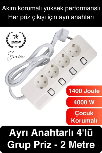 Özel Üretim 4'lü Ayrı Anahtarlı 2 Metre Akım Korumalı Grup Priz 1400 Joule 4000W Çoklu Uzatma Kablo ürün görseli 1