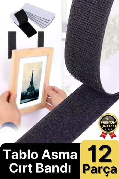 Ultra Güçlü İz Bırakmaz Çivisiz Tablo Çerçeve Asma Kendinden Yapışkanlı Siyah Cırt Bant 12'li Set ürün görseli 1