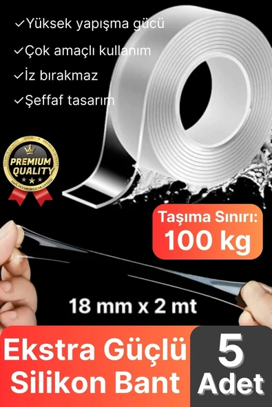 5 Adet Çok Amaçlı Çift Taraflı İz Bırakmaz Tamir Montaj Bandı Şeffaf Güçlü Silikon Bant 18 mm X 2 mt ürün görseli 1